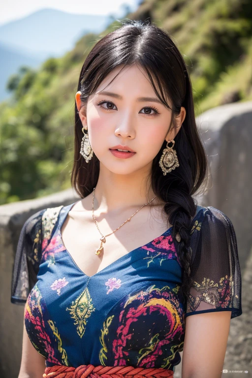 Highest quality、Masterpiece、32k raw photo,High-definition photos、Black Hair,Upper Body、Brown eyes,Earrings,necklace、Psychedelic dress、full-face blush, embarrassed,alone、Background of Machu Picchu
