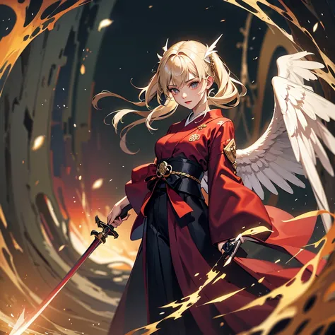beautiful angel holding dragon sword, kimono, dark fantasy