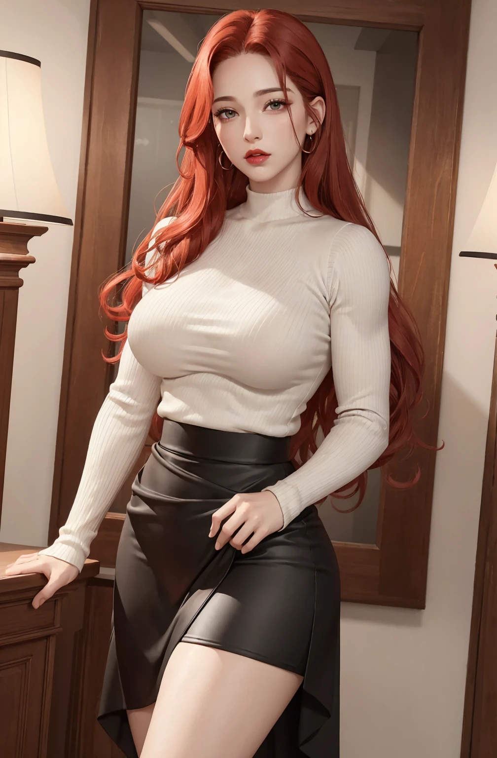 (muscular woman:1.3)，30 years old，(milf:1.2)，Large Breasts，Long legs，Big breasts and thin waist， Photo exposure Light， solitary，She has long curly red hair，Curly hair and red lips，stand up，Front view， OK，（（（masterpiece），（Highly detailed CG Unity 8k wallpaper），Best quality，Light，Detailed background，beautiful eyes，（very delicate and beautiful），（Beautiful and detailed description of the eyes），Ultra Detailed，masterpiece，）），face camera，high resolution，Ultra Detailed),（wear：White sweater, black skirt）
