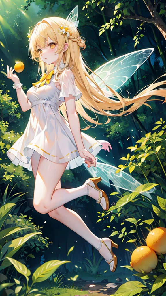 Full body, cute, baby face, big breasts, flying, in the forest, white dress, long hair, alone, small, fairy wings, honey blonde hair, lemon tree, orange eyes