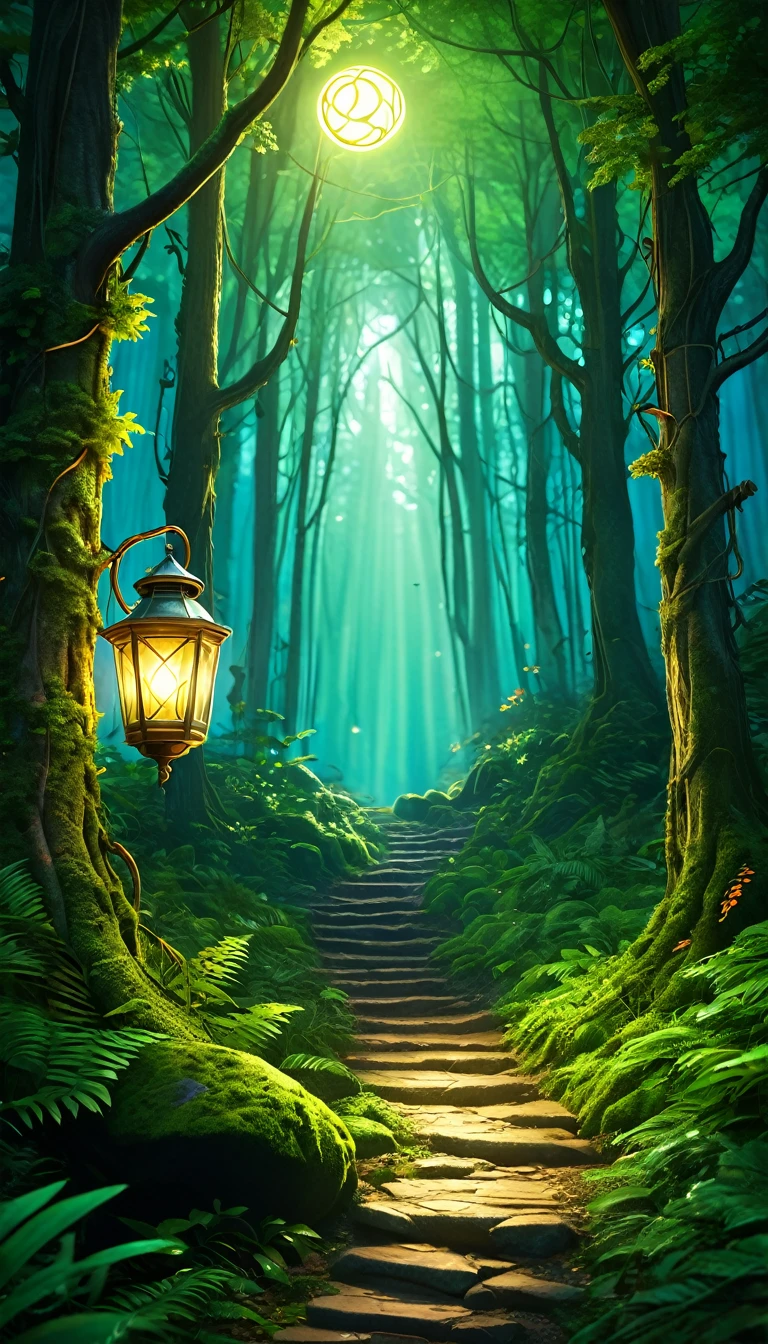 Live action depicting a forest path with a lantern, Concept art inspired by Andreas Rocha, Artstation Contest Winner, Fantasy art, Forest Portal, Magical Environment, enchanted magical fantasy forest, magical fantasy forest, Magical forest background, Fantasy Magic Plants, fantasy forest environment, Magic Stone Portal in the Forest, Beautiful ancient forest, Enchanted and magical forest