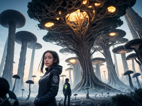 1girl, surrounded by towering mushrooms and twisted trees, glowing alien cityscape background, extraterrestial visitors, unreal ...