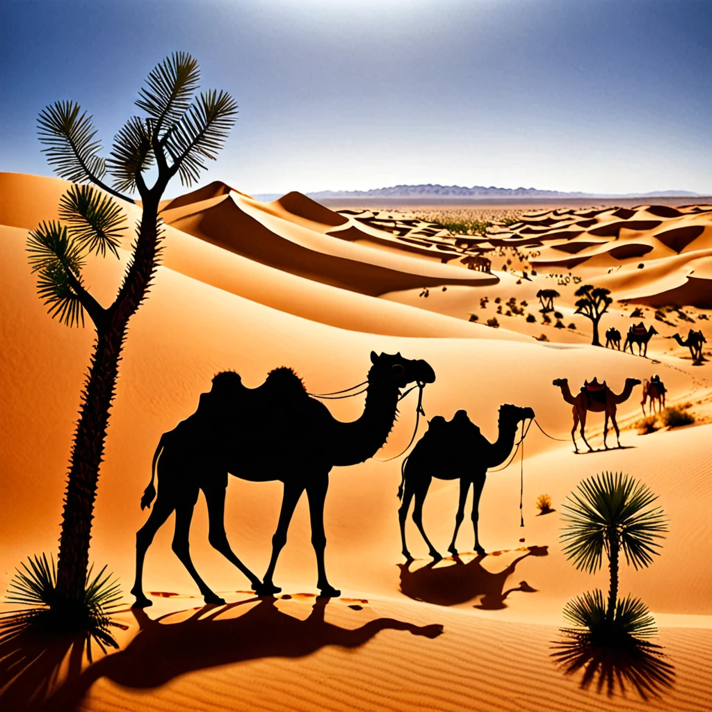 Create a detailed paper cutout artwork depicting a desert scene with camels. The scene should include vast, rolling sand dunes, a clear blue sky, and a few scattered desert plants. Camels should be shown in various poses, some walking in a caravan, some resting, and perhaps one with a rider. The artwork should capture the essence of the desert's vastness and the resilience of the camels. The overall mood should be tranquil and expansive, highlighting the beauty and solitude of the desert landscape.