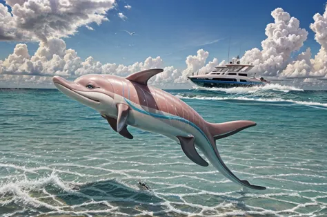 pink dolphin swim in thai ocean near speed boat, real photography, medium shot Realistic, sharp