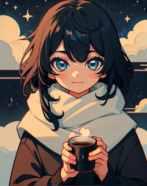 Close-up of a 20-year-old black-haired woman、Being Calm、gentle light、black background、Coffee、head shot、Lo-Fi Illustration、a relaxing sight、starry sky、Countless stars、night view、Scarf、hoodie、Steam from a hot drink、I feel relieved、smile