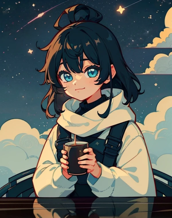 Close-up of a 20-year-old black-haired woman、Being Calm、gentle light、black background、Coffee、head shot、Lo-Fi Illustration、a relaxing sight、starry sky、Countless stars、night view、Scarf、hoodie、Steam from a hot drink、I feel relieved、smile