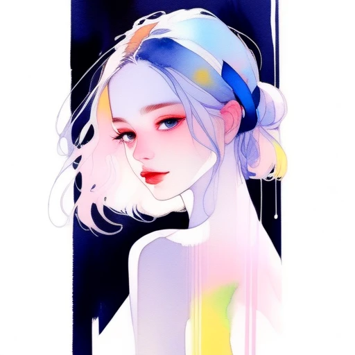 (8k, best quality, masterpiece:1.2),(best quality:1.0), (ultra highres:1.0), watercolor, a beautiful woman, shoulder, hair ribbons, by agnes cecile, half body portrait, extremely luminous bright design, pastel colors, (ink:1.3), autumn lights