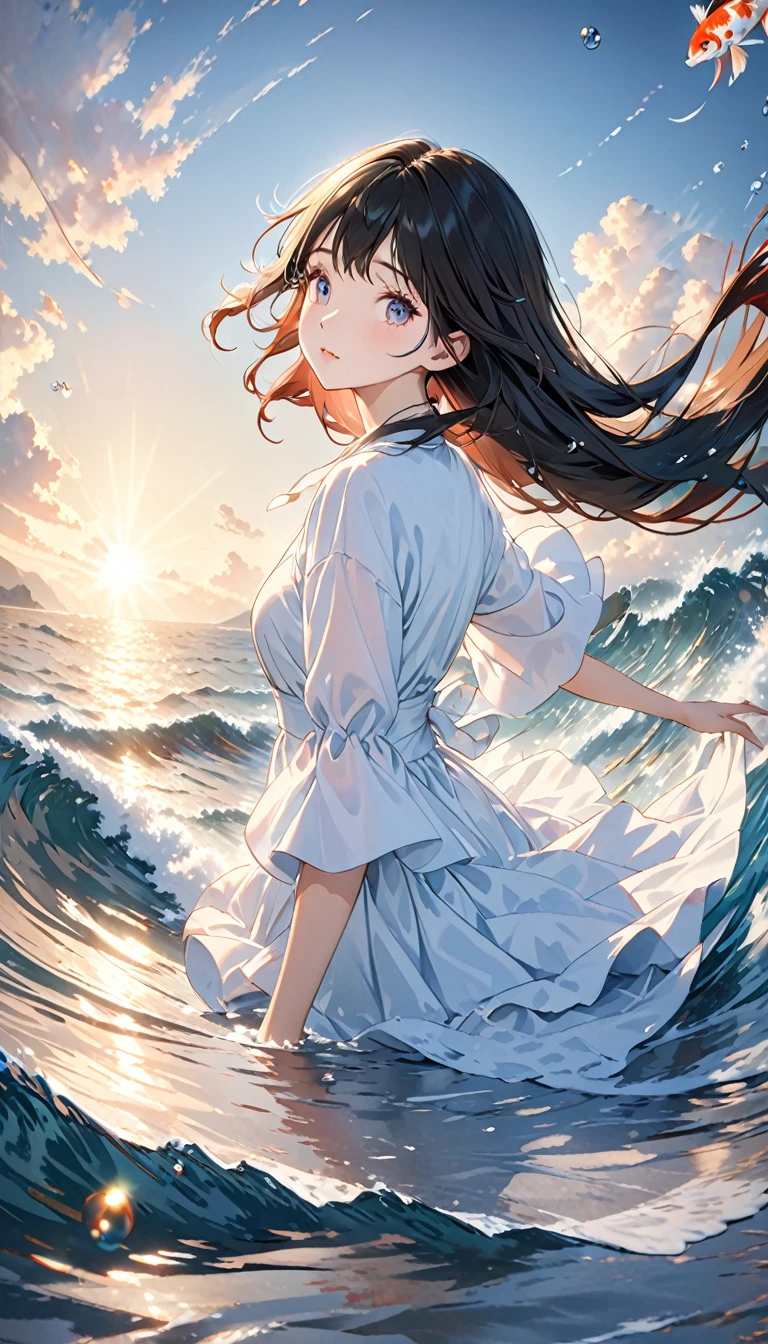 Koi swimming girl in the air，Messy long hair，Waves chasing life，Depth of Field，emphasize，Real Lighting，Ray Tracing，oc rendering，Surrealism，Best quality，8K，masterpiece，Ultrafine，detailed，Correct anatomy，Bokeh，Facial features are carefully depicted
