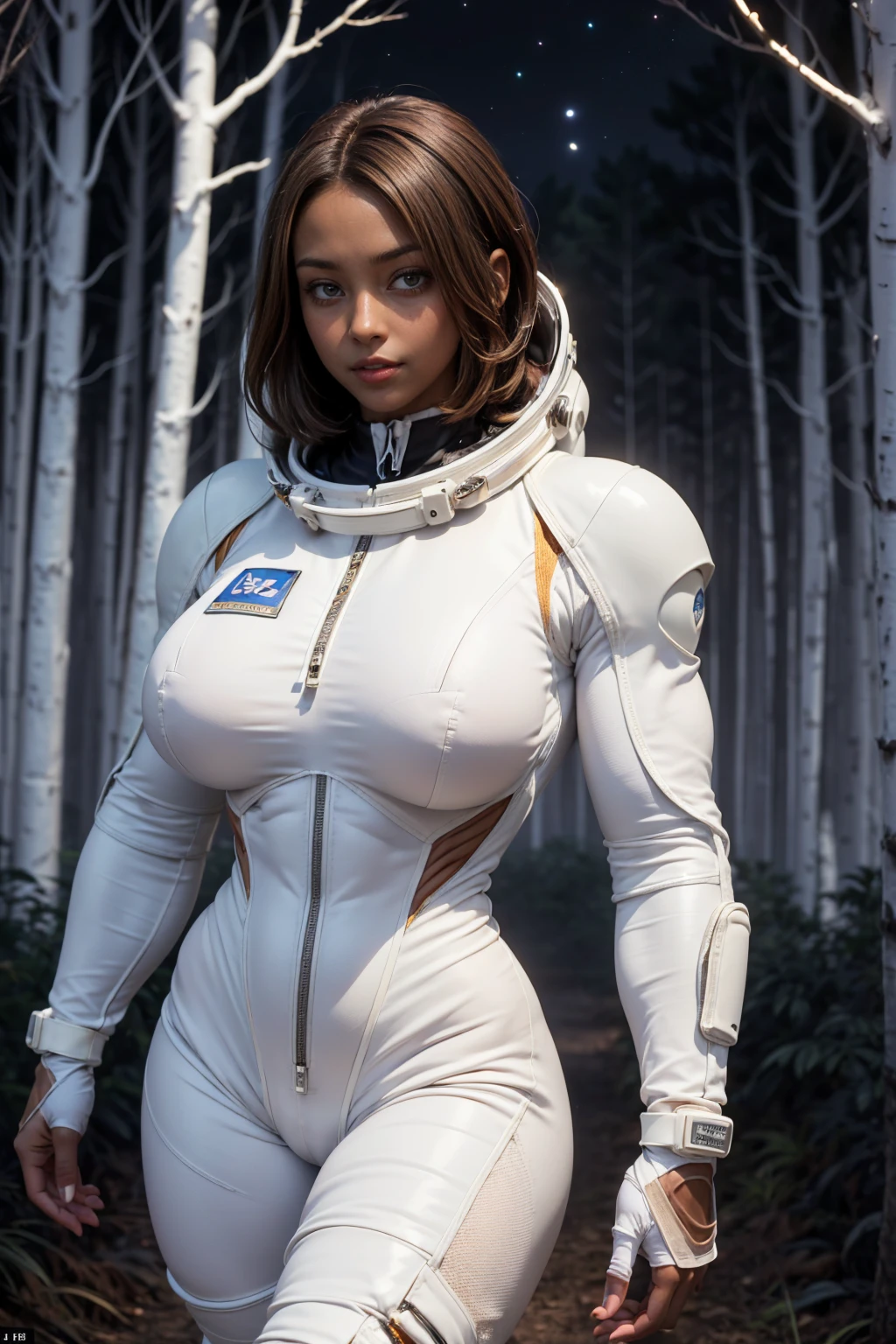 (Muscular:2), (thick thighs:1), (large round breasts:1), (large muscular chest and shoulders:1.4), FEMALE, brown hair, long brown hair, (big smile:0), (wearing a tight white spacesuit:1.5), looking at viewer, (three quarter view:1.2), upper body view, (smoky forest at night:1.5), dark lighting, detailed skin, detailed eyes, (dark skin:1.4), (very thin waist:1.3), (huge round muscles:1.5),