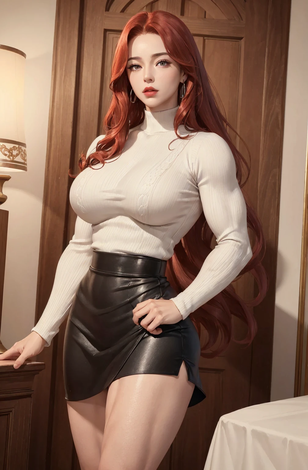 (muscular woman:1.5)，30 years old，(milf:1.2)，Large Breasts，Long legs，Big breasts and thin waist， Photo exposure Light， solitary，She has long curly red hair，Curly hair and red lips，stand up，Front view， OK，（（（masterpiece），（Highly detailed CG Unity 8k wallpaper），Best quality，Light，Detailed background，beautiful eyes，（very delicate and beautiful），（Beautiful and detailed description of the eyes），Ultra Detailed，masterpiece，）），face camera，high resolution，Ultra Detailed),（wear：White sweater, black skirt）
