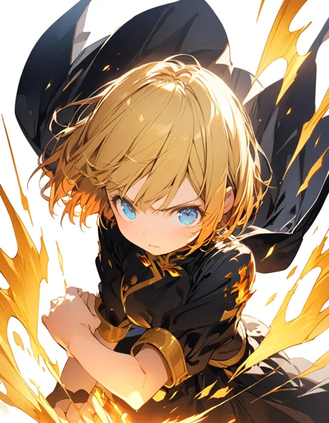 A masterpiece of ultra-precise description of a girl fighting with golden flames (Short Bob Hair:1.4),(blue eyes)Fighting pose G...