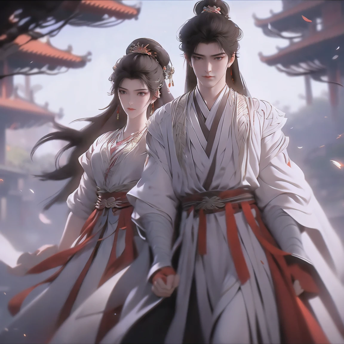 A handsome guy and a beautiful girl are leaning against each other，quiet and peaceful，faint smile，Chinese style clothing and accessories，black hair，perfect face，Chinese architecture