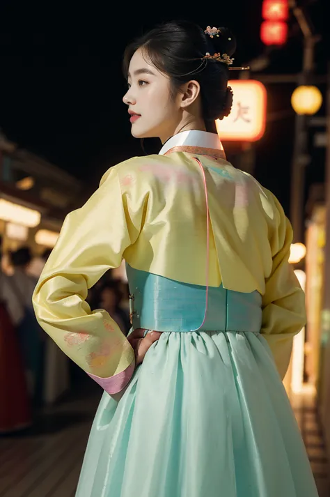 (((best quality))),(((ultra detailed))),(((masterpiece))),illustration,1girl,bun hair,(see through gauze hanbok:1.3),collar,slim...