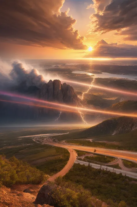 fury of the storm, epic fantasy, wide-angle view, cool-toned colors, starburst effect, light trails, sunset color tones, sun fla...