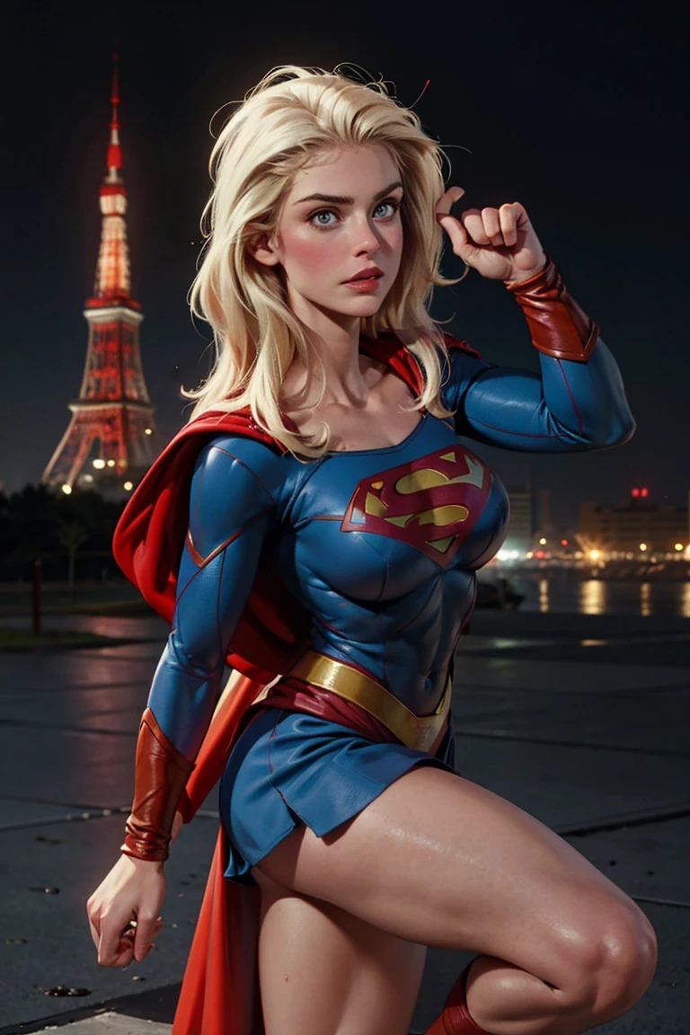 ((highest quality)), ((masterpiece)), (be familiar with), (High definition), (Realistic), (Realistic), (Best Shadow), Low contrast, (Complex:1.4), Side lighting, 8K, ((Helen Slator)), ((SUPER GIRL)), Perfect Face、Detailed、(Accurate hand and finger depiction)、supergirl women、Blonde、Voluptuous body、big breasts、Narrow waist、Big Ass、Alluring、glamorous、((doing a high kick:1.4))、Tokyo Tower、Night view