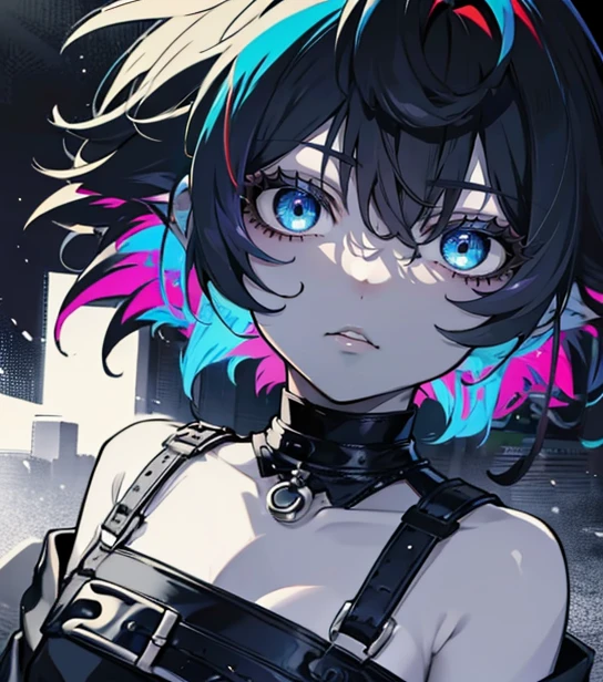 (masterpiece,best quality,ultra-detailed),1girl,messy hairstyle,thick hair,short hair, multicolored hair,blue and red and black hair, black hair,aesthetic hairstyle,pointy ears,(colored skin,blue skin,pale blue skin,grey-blue skin), beautiful and detailed face, detailed eyes,rock punk fashion,night,fog,looking at viewer,,((grey theme)),((rock punk theme)),