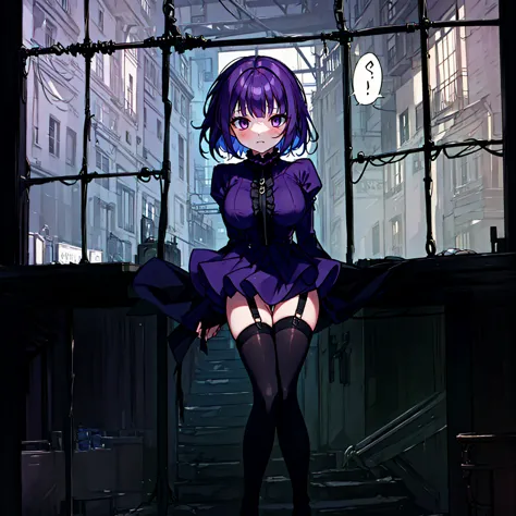 (solo), (1 skinny short girl:1.2), in the dark hall of mansion, (midnight), purple eyes over hair, Gothic Lolita, arms behind ba...