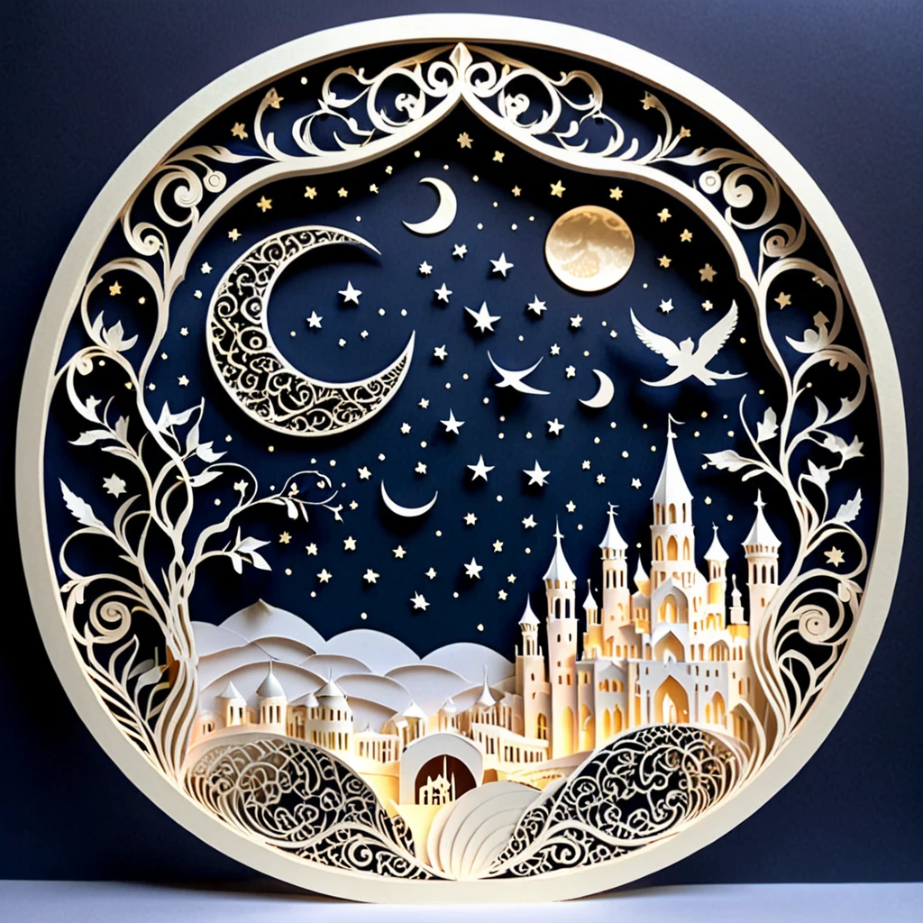 Create a detailed paper cutout artwork depicting an intricate scene of arabesque patterns against a moonlit night. The artwork should include elaborate, swirling designs that capture the essence of arabesque art, set against the backdrop of a serene night sky illuminated by a full moon. The moonlight should cast delicate shadows and highlights on the patterns, enhancing their depth and intricacy. The overall mood should be mystical and elegant, evoking a sense of timeless beauty.