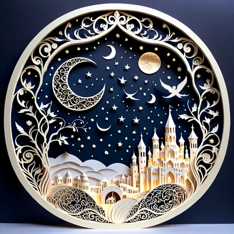 create a detailed paper cutout artwork depicting an intricate scene of arabesque patterns against a moonlit night. the artwork s...