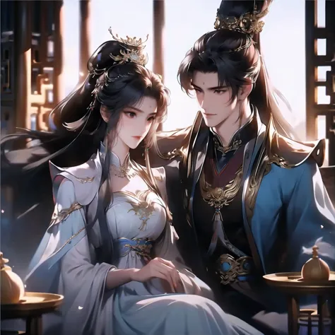 A handsome guy and a beautiful girl are leaning against each other，quiet and peaceful，faint smile，Chinese style clothing and acc...