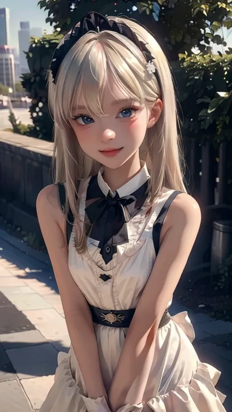 a beautiful young girl (8 years old) in lolita fashion, platinum blonde hair, smiling, arms crossed, flat chest, perfect limbs, ...