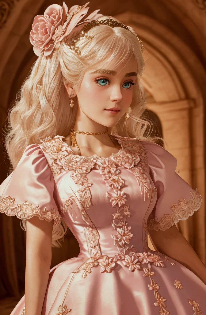 White Blonde hair, fluffy hair, stylish hair, long hair, lilac eyes, perfect eyes, beautiful, perfect face, tween, dainty , short, kind, curvy, a flowing pale airy gown with ruffles along the bottom with tiny pink flowers and gold dragon embroideries with flowers, Her tiara had a pretty teal gemstones, silver necklace, noble class, royal, royalty, red castle, feasting hall, medieval, elegant surroundings, soft dewy makeup look, light peach blush, soft tan eyeshadow, light coral lipstick, cutesy, girlish, girly, guileless, ingénue, princess , whimsical lighting, Targaryen, dragons in the sky, photorealistic
