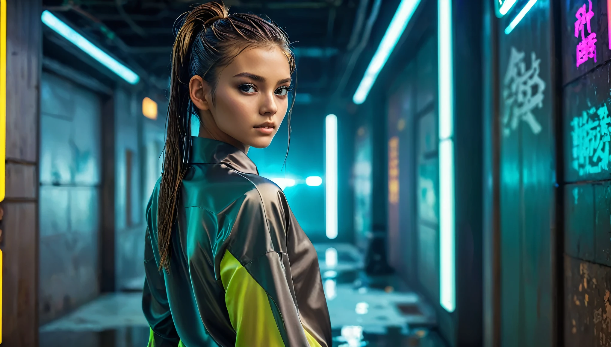 Top Quality, Masterpiece, High Resolution, 8k, (((girl, cute, skinny, barely legal, oversized silky shirt, wetlook leggings, bare belly, wide neckline, deep neckline, small perky breasts, beautiful detailed eyes, beautiful detailed lips, small closed mouth, extremely detailed face, long slick ponytail hair, small hips))), cyberpunk apartment, moody atmosphere, dramatic and neon colors, futuristic setting, intricate details, at night, full body shot, random pose, view from distance 