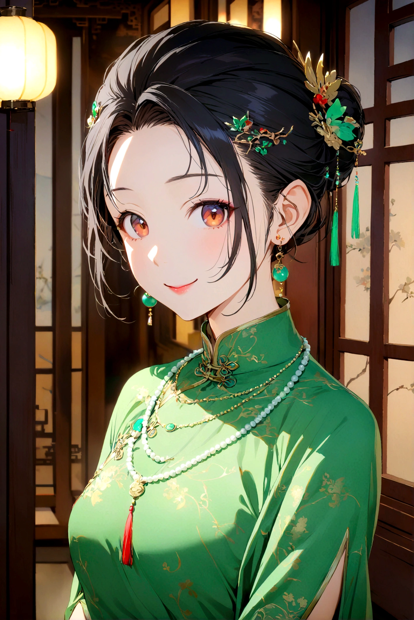 1fille, seulement, regarder le spectateur, sourire, cheveux noirs, ornement de cheveux, robe, bijoux, Haut du corps, des boucles d&#39;oreilles, à l&#39;intérieur, collier, vêtements chinois, green robe