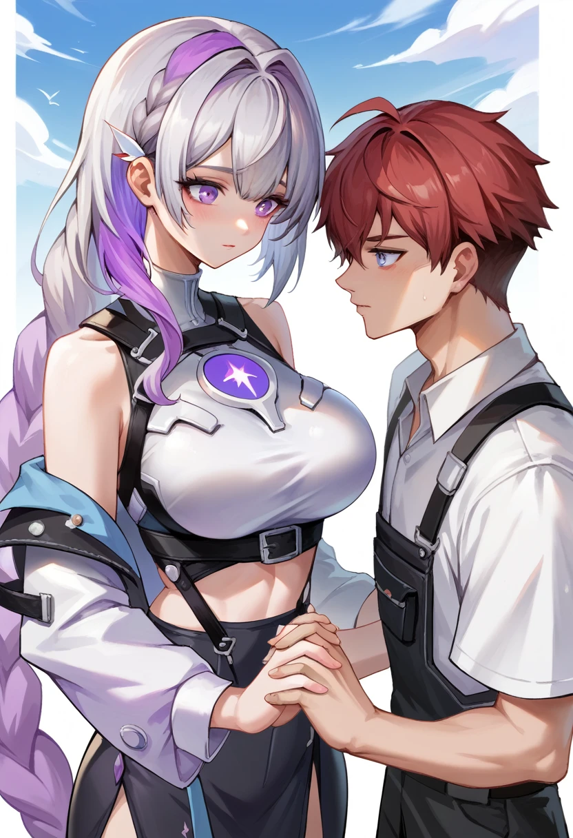yinji,1 girl and one boy，Holding Hands,purple_hair,purple_Eye,Very_long_hair,grey_hair,Braided_Ponytail,Large target_breast, Red hair boy，Wearing a white shirt，Very handsome red hair boy，With purple hairHolding Hands，slope_hair, The background is dreamy