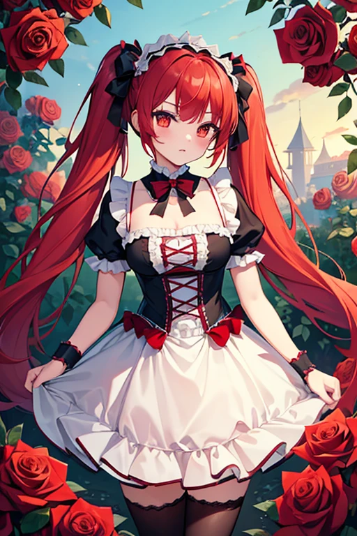 ((Highest quality)), ((masterpiece)), (detailed), Perfect Face, Perfect Arms, anime, Ultra-fine illustration, One girl, Red Eye, Red hair twintails, Gothic Lolita, Red Stockings, Tsundere, Cowboy Shot, Rose Garden, Red Rose, Roses in full bloom, Surrounded by Roses,