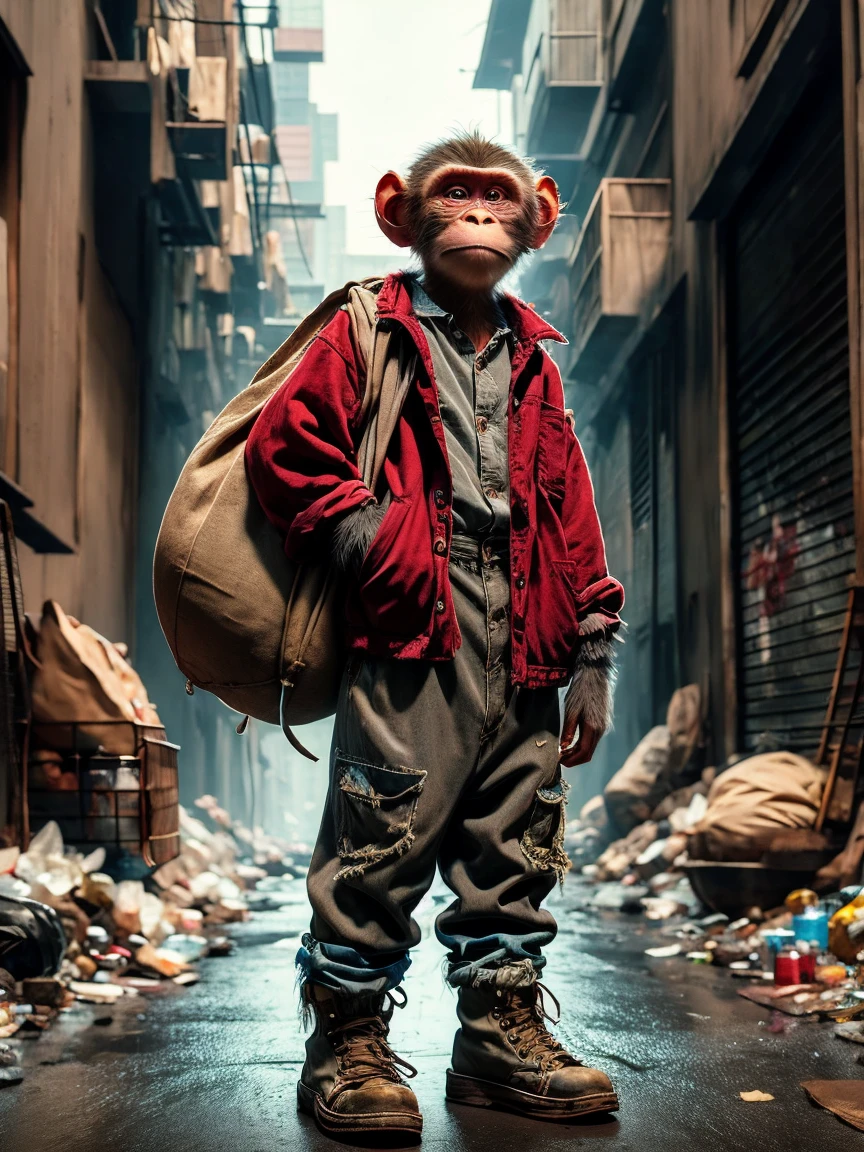 (personification:1.3)，(Poor monkey)，Ragged(Gray baseball jacket:1.3)and(Work clothes)，(Rag shoes)，Dragging a bag taller than oneself，Little monkey standing in the city street，地上堆满了垃圾and瓶子，Original painting style，But change the background to a city scene，Strengthens the contrast between the innocence of the characters and the harshness of the urban environment，Highlights the dire conditions in urban wasteland