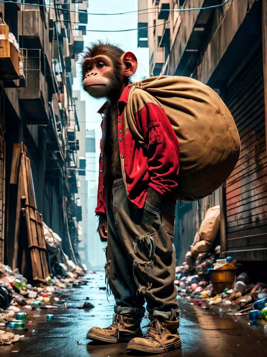 (personification:1.3)，(Poor monkey)，Ragged(Gray baseball jacket:1.3)and(Work clothes)，(Rag shoes)，Dragging a bag taller than oneself，Little monkey standing in the city street，The ground is full of garbage and bottles，Original painting style，But change the background to a city scene，Strengthens the contrast between the innocence of the characters and the harshness of the urban environment，Highlights the dire conditions in urban wasteland