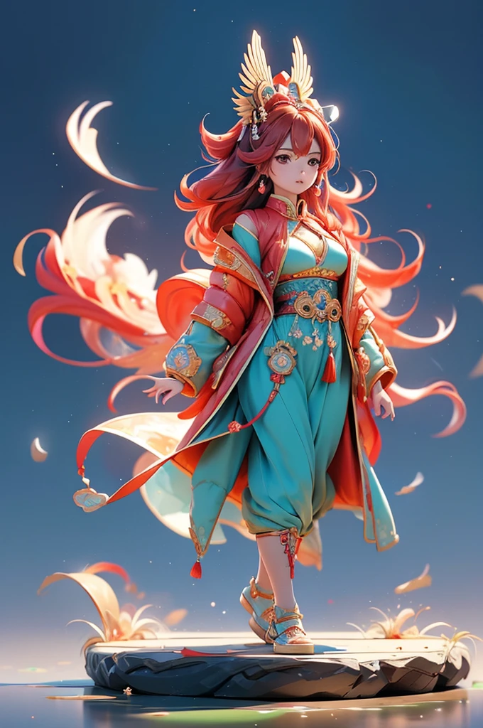 （masterpiece），best quality，An IP female character design with traditional Chinese cultural elements。The elements of IP are adopted by Dunhuang Suzaku，The colors and clothing designs are also in the style of Dunhuang。Generate full-body IP images with correct posture。