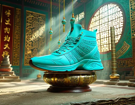 A turquoise lightweight running shoe, suspended on a cultural relic, high definition, 8K,A beautiful photo of a Sanxingdui cultu...