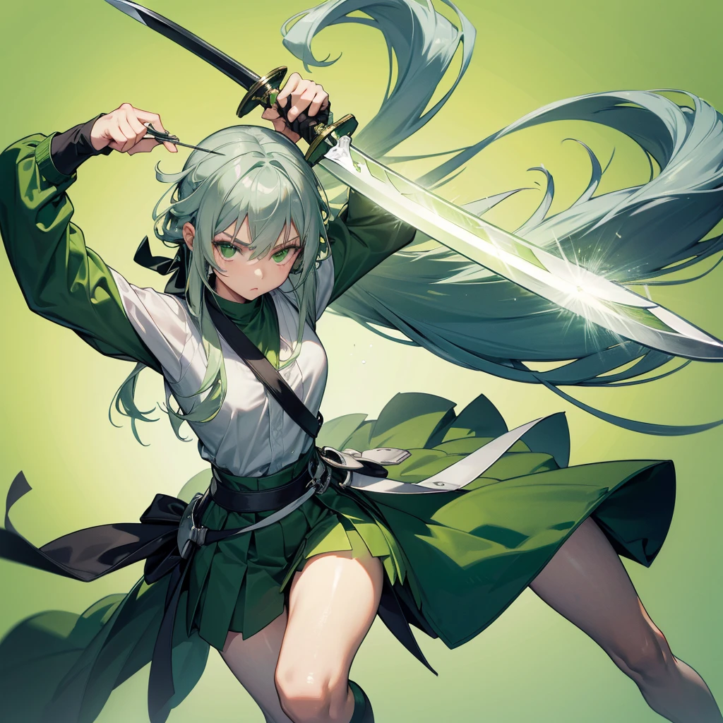 1girl、Dynamic composition、((Perspective Lens, Gray hair and light green gradient hair color, Long Hair、 A dynamic pose with a serious and determined expression, Two hands wielding large sabre swords )) ((Pure Green Background:1.2)),Looks like she&#39;s in her early 20s,Shooting in mid-motion,With her long braided hair fluttering. Her outfit is reminiscent of cyberpunk.,Black and lime green color palette,And she&#39;s casually throwing money around,Be playful.,