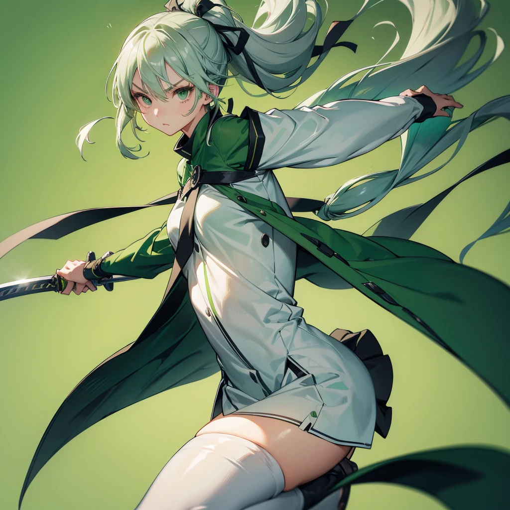 1girl、Dynamic composition、((Perspective Lens, Gray hair and light green gradient hair color, Long Hair、 A dynamic pose with a serious and determined expression, Two hands wielding large sabre swords )) ((Pure Green Background:1.2)),Looks like she&#39;s in her early 20s,Shooting in mid-motion,With her long braided hair fluttering. Her outfit is reminiscent of cyberpunk.,Black and lime green color palette,And she&#39;s casually throwing money around,Be playful.,