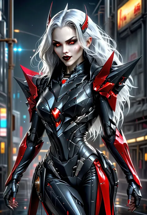 ((a photorealistic glamour shot of an exquisite, glamour mecha female vampire: 1.5)), ((full body: 1.3)), ultra feminine, pale f...