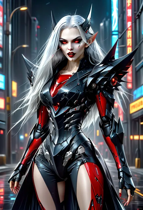 ((a photorealistic glamour shot of an exquisite, glamour mecha female vampire: 1.5)), ((full body: 1.3)), ultra feminine, pale f...