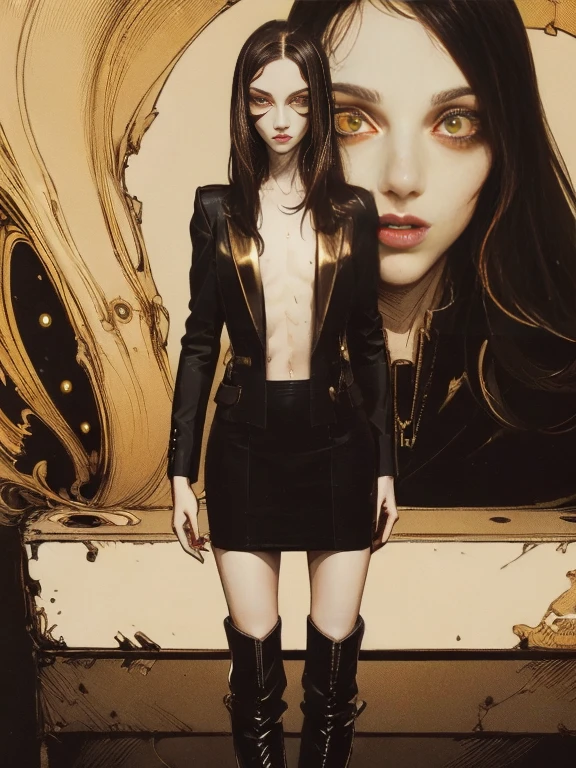 Woman alone, European woman, 8k, absurd res, ((wide eyes: 1.4)), flawless face, (crisp black deco style formal business clothing), 1woman, alone, natural body, full body image, 8k, masterpiece, highly detailed, (detailed golden eyes), expressive detailed eyes, pale skin, ((symmetrical eyes)), detailed pupils, realistic skin, some freckles, realistic skin texture, ((small chest: 1.3)), analog style, (chin length hair), ((dark hair: 1.5)), deco cyberpunk setting, entire head and body image, ((her entire head and body must be in view)), perfect anatomy, anatomically correct, ((pale skin)), ((wearing flat boots: 1.3))