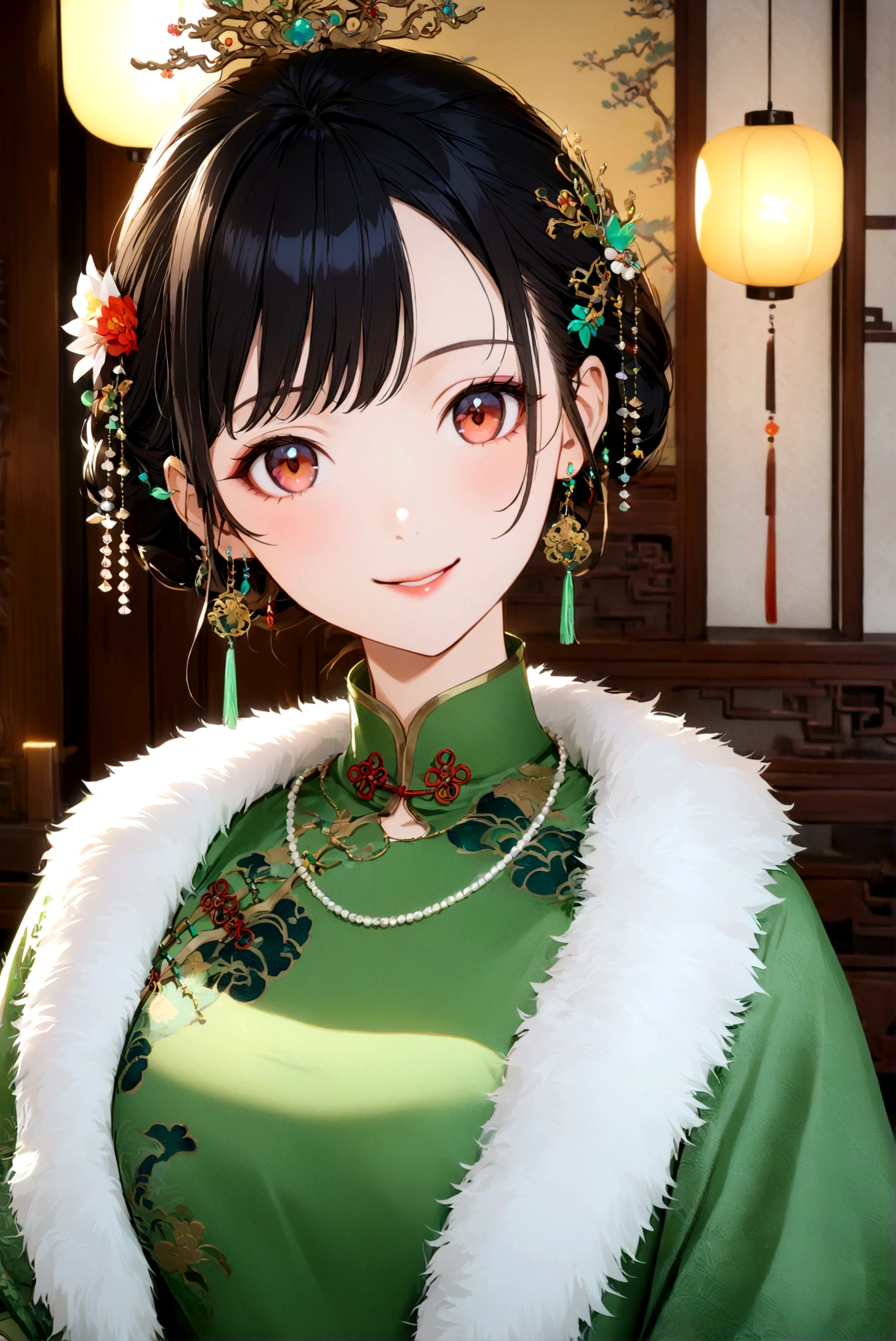 1girl, solo, looking at viewer, smile, black hair, hair ornament, dress, jewelry, upper body, earrings, indoors, necklace, chinese clothes, green dress