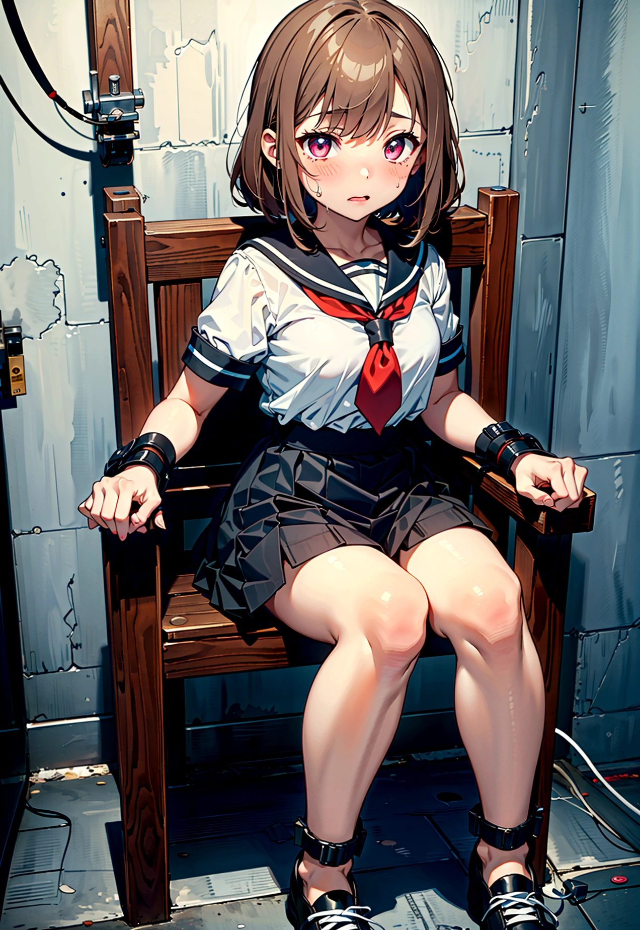 1 girl, (blushing, terrified, crying), tied to a chair, straped to chair, (short sleeve, mini-skirt, sailor uniform), (inside basement, underground), (wrist cuffs, ankle cuffs, wrists tied, ankles tied), perfect body, detailed face, detailed eyes, full body, image taken from afar