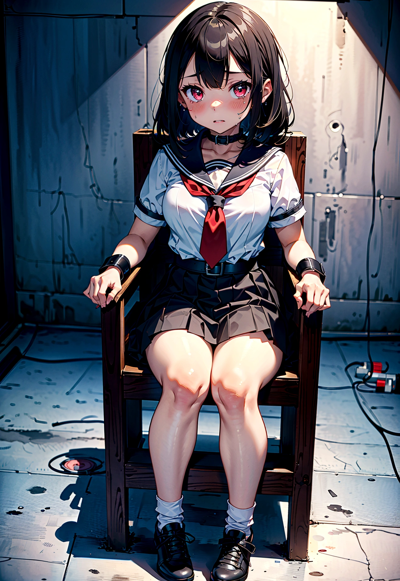 1 girl, (blushing, terrified, crying), tied to a chair, straped to chair, (short sleeve, mini-skirt, sailor uniform), (inside basement, underground), (wrist cuffs, ankle cuffs, wrists tied, ankles tied), perfect body, detailed face, detailed eyes, full body, image taken from afar
