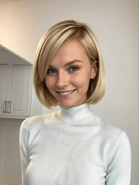 photo of a skinny blonde teen submissive wife, bob style hair, She wears: (turtleneck high ribbed bright white tight sweater:1.1...