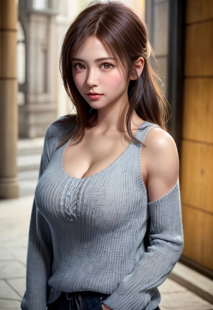 8K, of the highest quality, masutepiece:1.2), (Realistic, Photorealsitic:1.37), of the highest quality, masutepiece, Beautiful young woman, Pensive expression,、A charming、and an inviting look, Dobo dabo knitwear、cleavage of the breast, Hair tied back, Cinematic background, Light skin tone