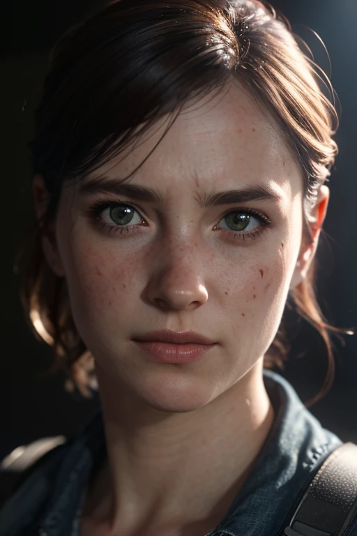 Ellie, tlou2, portrait, rayons de soleil, regarder le spectateur, primé, (8k, Photo brute, meilleure qualité, chef-d&#39;œuvre:1.2),Ultra-détaillé, (peau très détaillée:1.2), 8k euh, reflex numérique, Éclairage doux, haute qualité, 