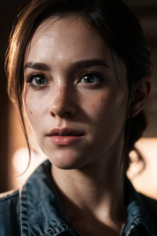 Ellie, tlou2, portrait, rayons de soleil, regarder le spectateur, primé, (8k, Photo brute, meilleure qualité, chef-d&#39;œuvre:1.2),Ultra-détaillé, (peau très détaillée:1.2), 8k euh, reflex numérique, Éclairage doux, haute qualité, 