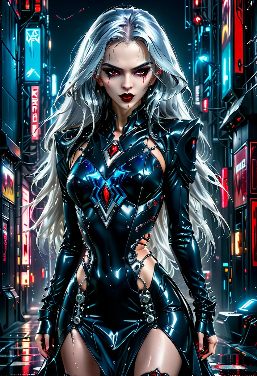 ((a photorealistic glamour shot of an exquisite, glamour mecha female vampire: 1.5)), ((full body: 1.3)), ultra feminine, pale face, silver hair, long vibrant shiny hair, glamorous hair,  red eyes, miniatures mechanical , deep penetrating eyes, red lips, lustful lips, ((two visible vampiric fangs: 1.5), drops of blood dripping from the mouth, ((cyberpunk style: 1.5)), she wears ((blue: 1.3) elegant glamour dress, with small delicate mechanical parts: 1.4), digital parts,  intricate details, the dress is studded with diamonds, tight suit, dynamic color, high heels, cyberpunk street at night background, (highest quality:1.2, Very detailed, up to date, Vibrant, Ultra-high resolution, High Contrast, masterpiece:1.2, highest quality, Best aesthetics), best details, best quality, highres, ultra wide angle, 16k, [ultra detailed], masterpiece, best quality, (extremely detailed), Genetically modified..., Cinematic Hollywood Film, nijimecha, liquid dress