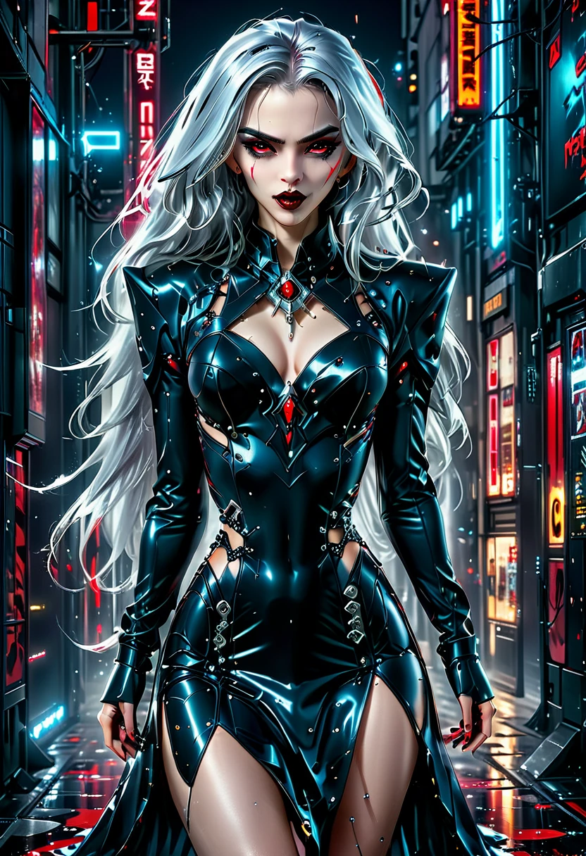 ((a photorealistic glamour shot of an exquisite, glamour mecha female vampire: 1.5)), ((full body: 1.3)), ultra feminine, pale face, silver hair, long vibrant shiny hair, glamorous hair,  red eyes, miniatures mechanical , deep penetrating eyes, red lips, lustful lips, ((two visible vampiric fangs: 1.5), drops of blood dripping from the mouth, ((cyberpunk style: 1.5)), she wears ((blue: 1.3) elegant glamour dress, with small delicate mechanical parts: 1.4), digital parts,  intricate details, the dress is studded with diamonds, tight suit, dynamic color, high heels, cyberpunk street at night background, (highest quality:1.2, Very detailed, up to date, Vibrant, Ultra-high resolution, High Contrast, masterpiece:1.2, highest quality, Best aesthetics), best details, best quality, highres, ultra wide angle, 16k, [ultra detailed], masterpiece, best quality, (extremely detailed), Genetically modified..., Cinematic Hollywood Film, nijimecha, liquid dress