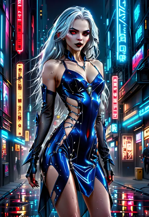 ((a photorealistic glamour shot of an exquisite, glamour mecha female vampire standing in a cyberpunk street: 1.5)), ((full body...