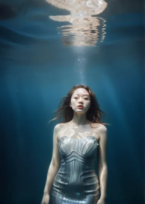 image of a beautiful asian young woman in silver dress submerged under the sea, pale skin tones, clear ripples and reflections, ...